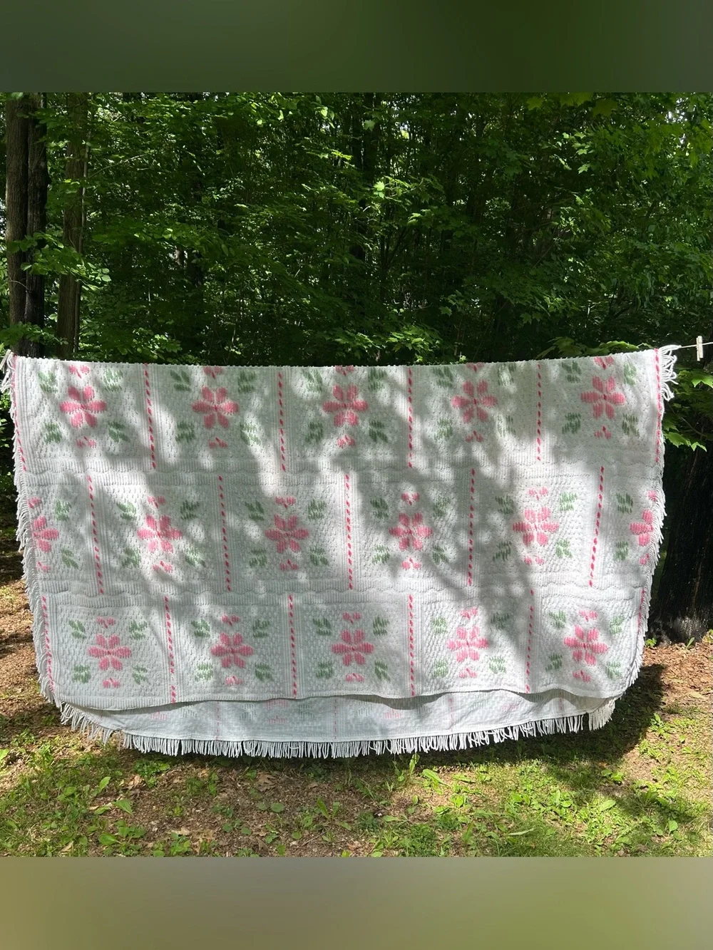 Vintage Chenille Bedspread Queen- Pink & Green Grandma MCM Cottage